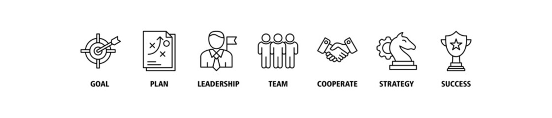 Fototapeta premium Mission banner web icon set vector illustration concept with icon of goal, plan, leadership, team, cooperate, strategy and success