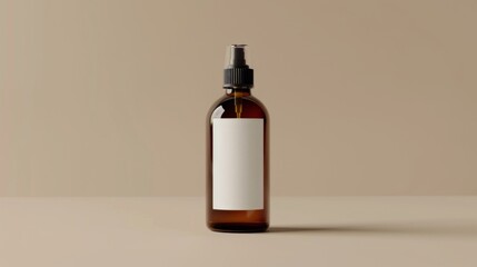 A mockup of a spray bottle with blank white label, on beige background