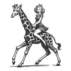 Fototapeta premium woman in vintage attire riding a giraffe, drawn in a classic style sketch engraving generative ai fictional character vector illustration. Scratch board imitation. Black and white image.