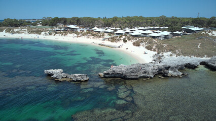 Drone point of view, Rottnest Island, Western Australia, crystal clear turquoise colored water, seascape, holiday, summer