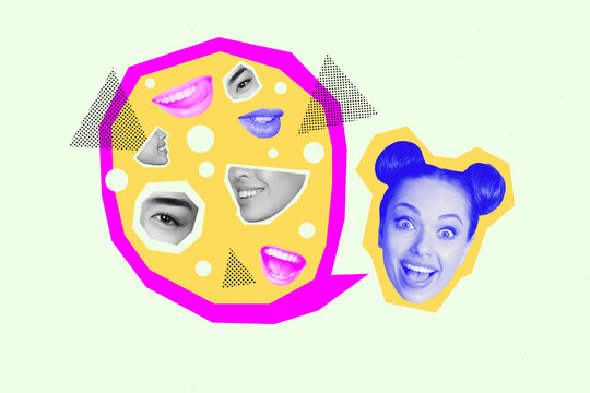 Composite collage picture image of excited female speech bubble face parts talking weird freak bizarre unusual fantasy billboard