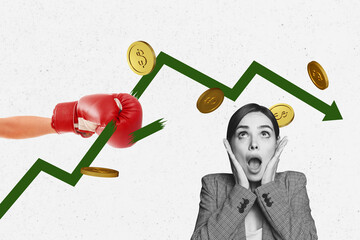 Composite photo collage of shocked girl open mouth hand boxer glove kick arrow down coin inflation bankrupt isolated on painted background