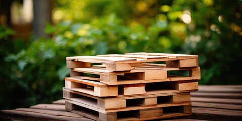 Stack of wooden pallets. The image has a natural and rustic feel, with a wooden palette and greenery all around