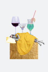 Vertical photo collage of sleepy lady lie bad pillow cover make hard party hangover cocktail party event isolated on painted background