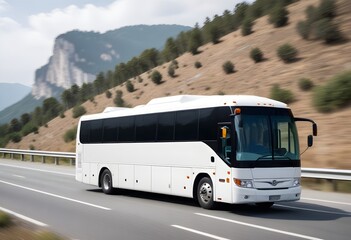 A large white tour bus driving on the road, with blurred background scenery