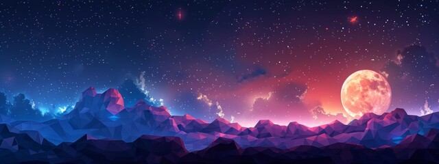 Geometric low poly moon and stars in the night sky.