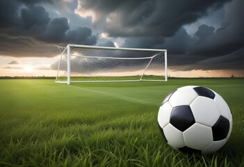 A soccer ball on a grassy field with a soccer goal in the background and a dramatic cloudy sky