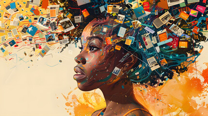 powerful visual metaphor of social media addiction, with a young woman's head bursting open from the pressure of excessive information.information illustrated by a young woman's brain exploding .