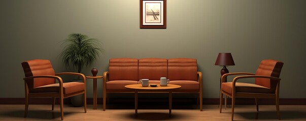 A dimly lit room with wood flooring, a sofa, and two armchairs arranged around a table with a potted plant and two teacups on it