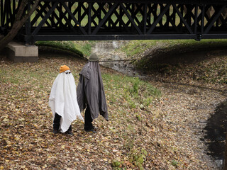 Two boys dressed as ghosts in grey and white sheets, Halloween celebration with brothers in nature,...