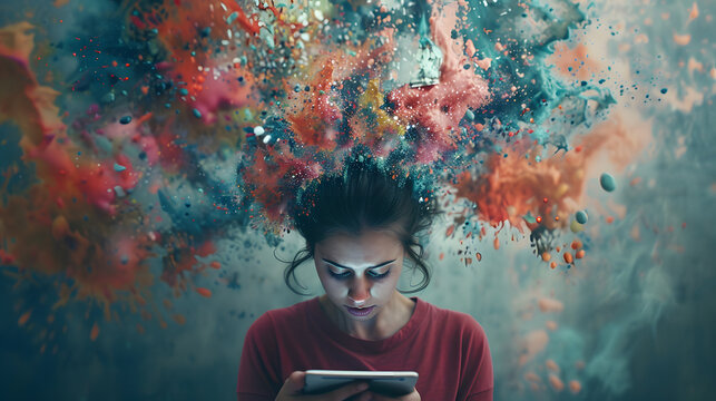 powerful visual metaphor of social media addiction, with a young woman's head bursting open from the pressure of excessive information.information illustrated by a young woman's brain exploding .