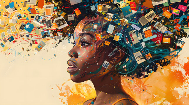powerful visual metaphor of social media addiction, with a young woman's head bursting open from the pressure of excessive information.information illustrated by a young woman's brain exploding .