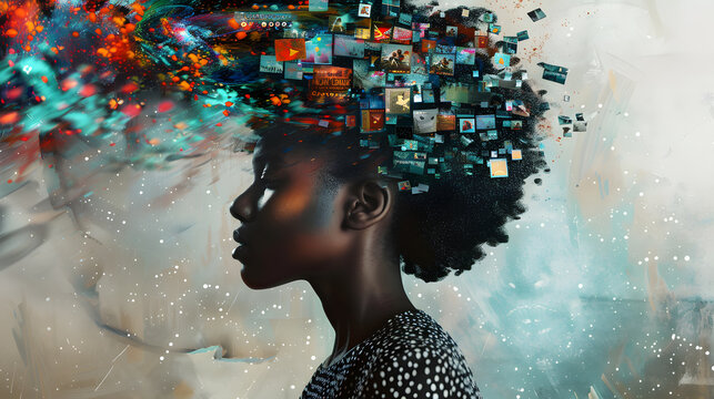 powerful visual metaphor of social media addiction, with a young woman's head bursting open from the pressure of excessive information.information illustrated by a young woman's brain exploding .