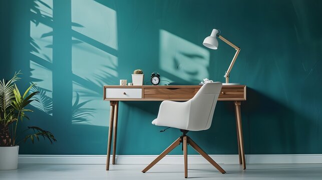 Home workplace with wooden drawer writing desk and white fabric chair near turquoise wall with copy space. Interior design of modern scandinavian home office