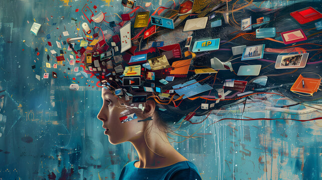 powerful visual metaphor of social media addiction, with a young woman's head bursting open from the pressure of excessive information.information illustrated by a young woman's brain exploding .