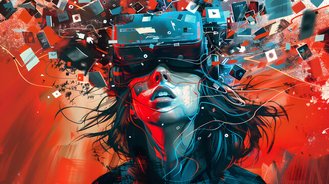 powerful visual metaphor of social media addiction, with a young woman's head bursting open from the pressure of excessive information.information illustrated by a young woman's brain exploding .
