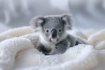 An adorable koala bear nestled in soft bedding