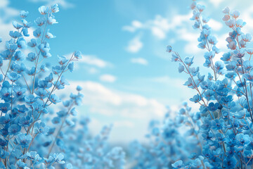 Sea of blue flowers and soft sky under light