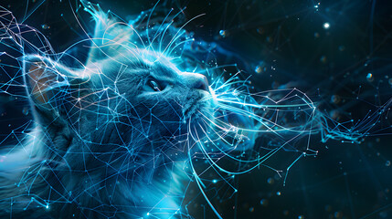 Cat's head with intricate neural connections and circuitry, symbolizing the integration of big data and artificial intelligence.digital brain manifested in the form of a blue feline with a transparent