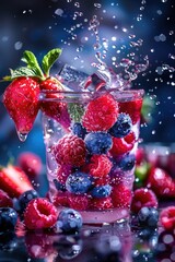 Refreshing Summer Berries Splashing in Water Glass Against Dark Background