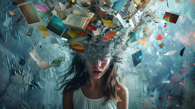 powerful visual metaphor of social media addiction, with a young woman's head bursting open from the pressure of excessive information.information illustrated by a young woman's brain exploding .
