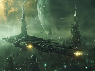 Future city night and huge spaceship