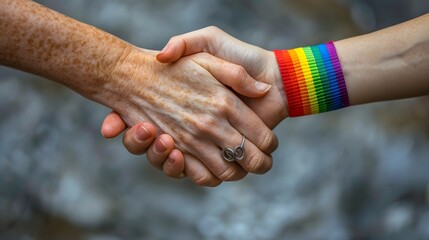 two people shaking hands, with one girl wearing a Rainbow ribbon, 