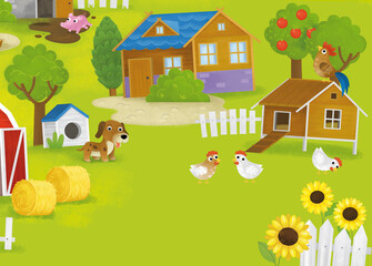 Fototapeta premium cartoon summer scene with farm ranch enclosure backyard garden and happy animals barn chicken coop or pigsty illustration for children