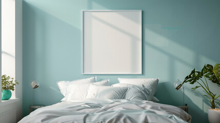 A serene bedroom setup with a blank wall frame on a light blue wall, inviting and peaceful.