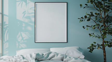 A serene bedroom setup with a blank wall frame on a light blue wall, inviting and peaceful.