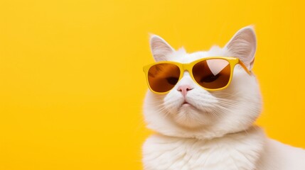 Portrait of a white cat with sunglasses on a yellow background.