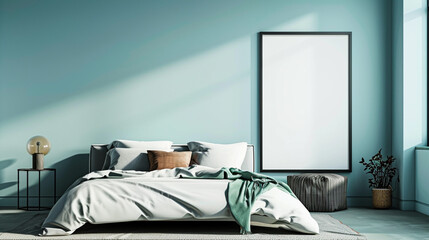 A sleek, modern bedroom with a king-size bed and a blank frame on a pastel blue wall.