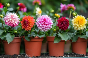 Vibrant blooms of dahlia plants in tiny containers. Backdrop of gardening and blossoming flowers