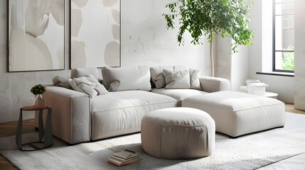 Interior of living room with sofa and pouf 3d rendering
