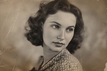 Stylish photo: youthful lady in 1940s dress - elegant monochrome photography of a fashionable young woman with a retro flair captured in a studio setting