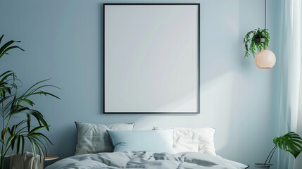 A small bedroom optimized with a blank frame on a light blue wall, space-saving and stylish.