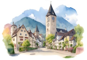 Liechtenstein Country Landscape Watercolor Illustration Art - obrazy, fototapety, plakaty