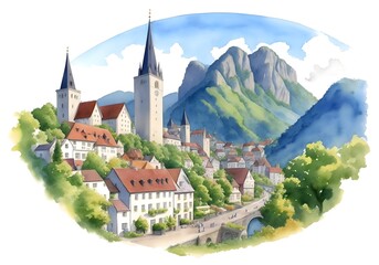 Liechtenstein Country Landscape Watercolor Illustration Art - obrazy, fototapety, plakaty
