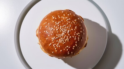 Top view shot of a hamburger bread bun. The freshly baked, golden brown color and a sprinkling of sesame seeds on top