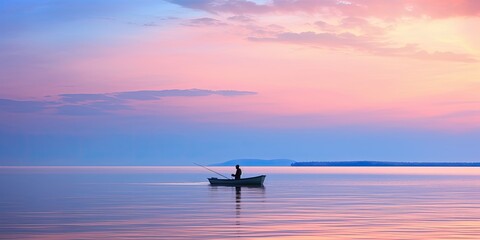 Twilight Tranquility: Minimalist Artwork of Man in Boat on Calm Lake