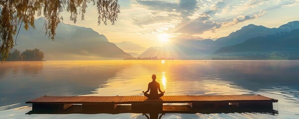 A lakeside morning scene with a person practicing guided sunrise meditation through a popular relaxation app