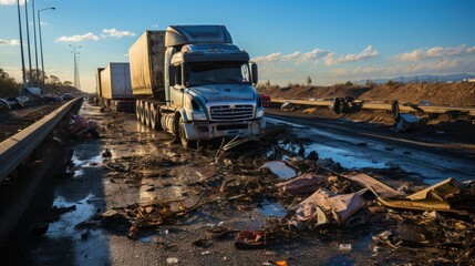 Overturned Truck on Highway at Sunset: Emergency Response and Traffic Chaos