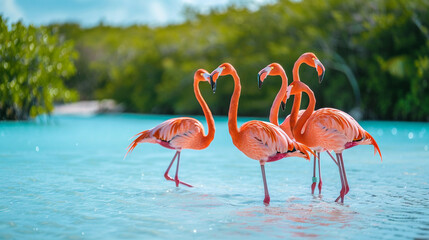 Flamingos Wading in Shallow Waters