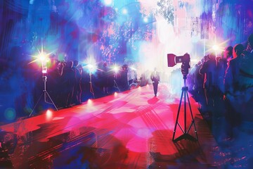 glamorous red carpet premiere with spotlights and photographers digital painting