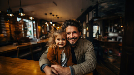 Joyful Father and Daughter Sharing a Warm Embrace in a Cozy Cafe