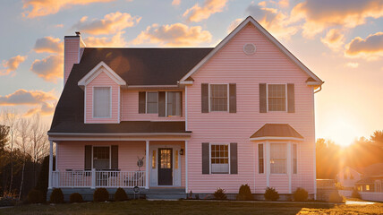 A dreamy blush pink house with siding and shutters exudes a romantic charm against the backdrop of the suburban scenery, bathed in the golden light of the sun.