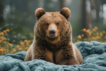 A serene bear sits outdoors enveloped in a comfortable blanket, exuding peace amidst a natural setting