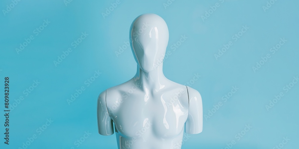 Wall mural faceless head of white mannequin on blue background, copy space