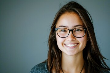 Fototapeta premium attractive friendly young female student in glasses close-up studio portrait grey background, education, business, and personal growth, copy space