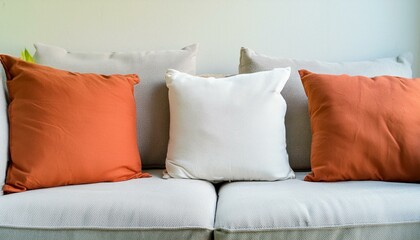 Fototapeta na wymiar minimal Close-up of fabric sofa with white and terra cotta pillows. French country home